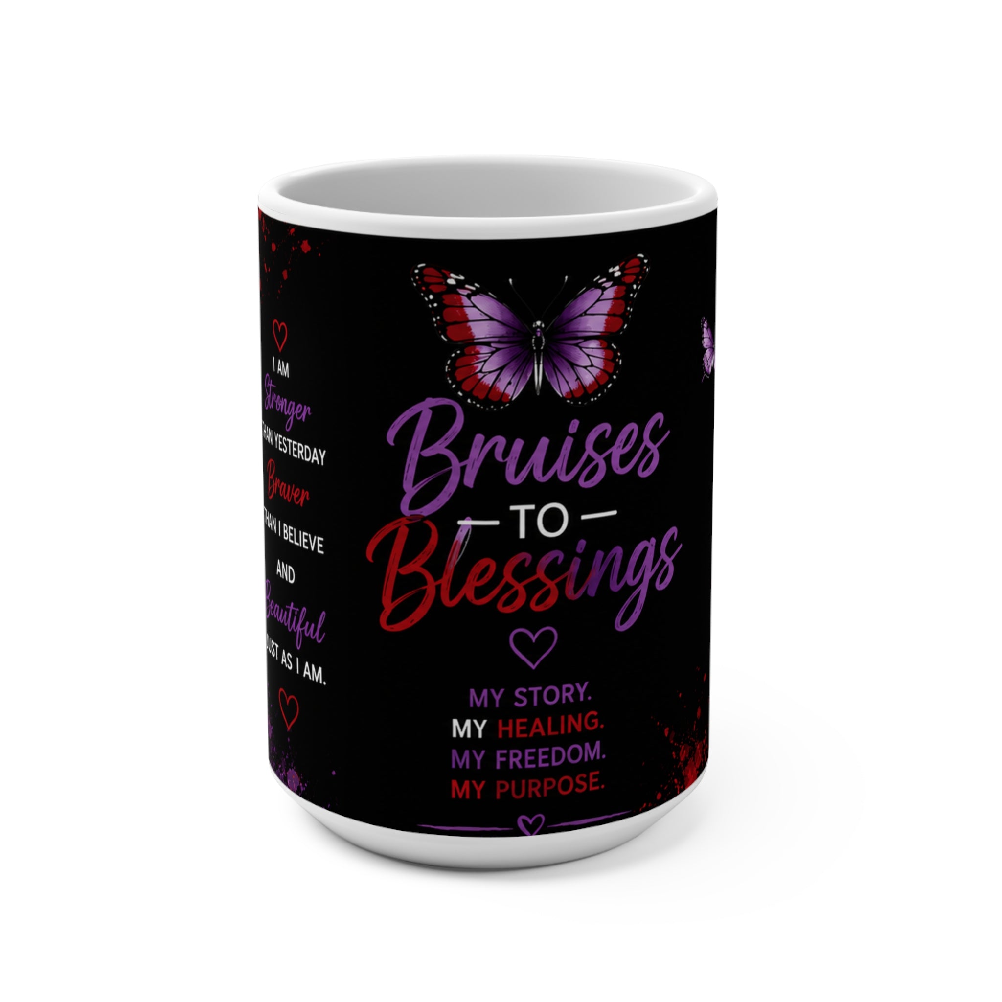 Bruises to Blessings 15oz Inspirational Coffee Mug — "She Fell, She Got Up" Motivational Butterfly Design