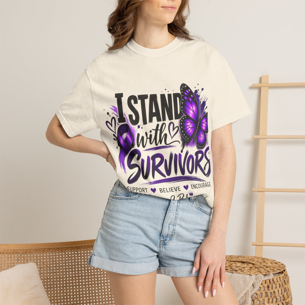 Survivor Support T-Shirt — "I Stand With Survivors" Purple Ribbon Butterfly Tee