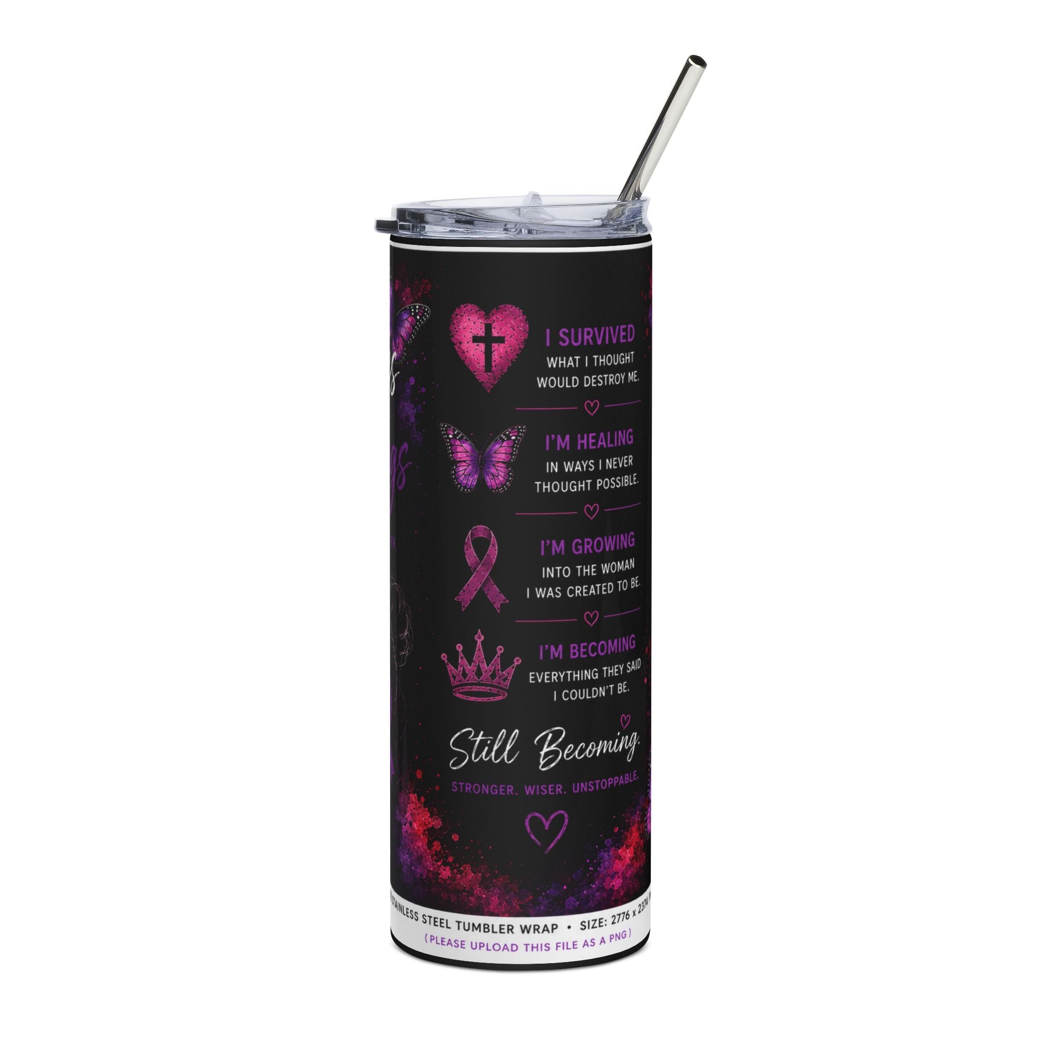 20oz Stainless Tumbler — 'Bruises to Blessings' Purple Ribbon Survivor Affirmation