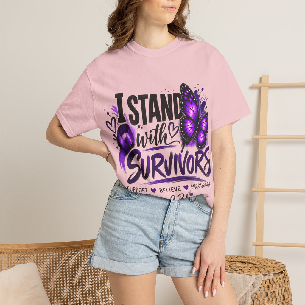 Survivor Support T-Shirt — "I Stand With Survivors" Purple Ribbon Butterfly Tee