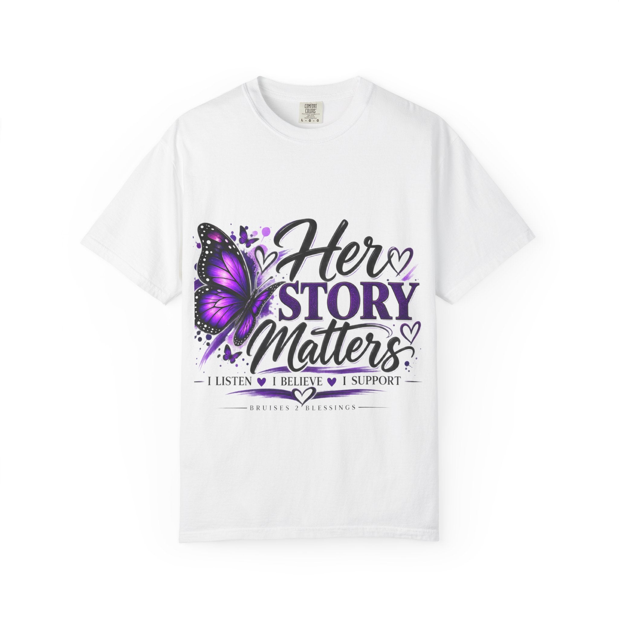 Her Story Matters T-Shirt — "Be the Reason Someone Feels Safe to Speak" Purple Butterfly Awareness Tee