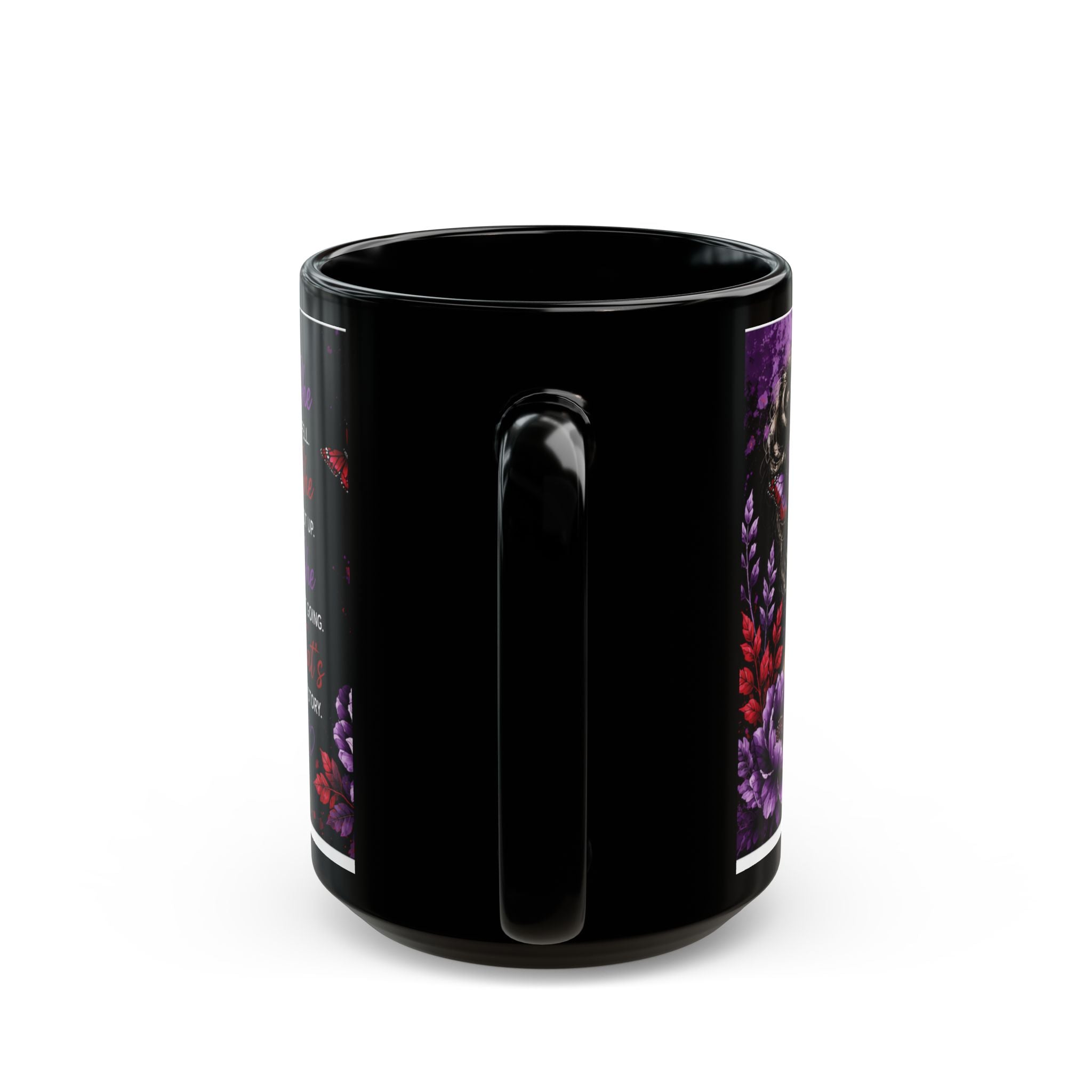 Bruises to Blessings Inspirational Black Coffee Mug — ‘She Fell, She Got Up’ Empowerment Design (11oz/15oz)