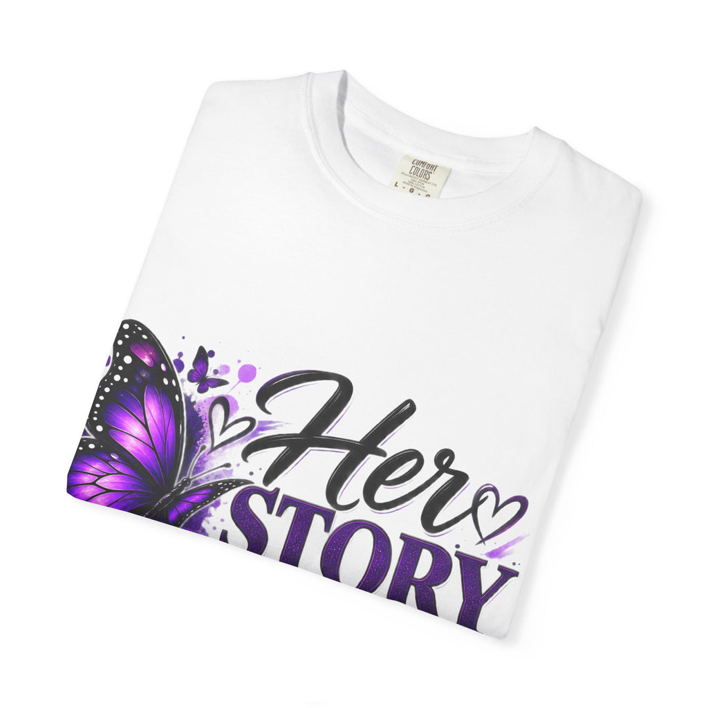Her Story Matters T-Shirt — "Be the Reason Someone Feels Safe to Speak" Purple Butterfly Awareness Tee