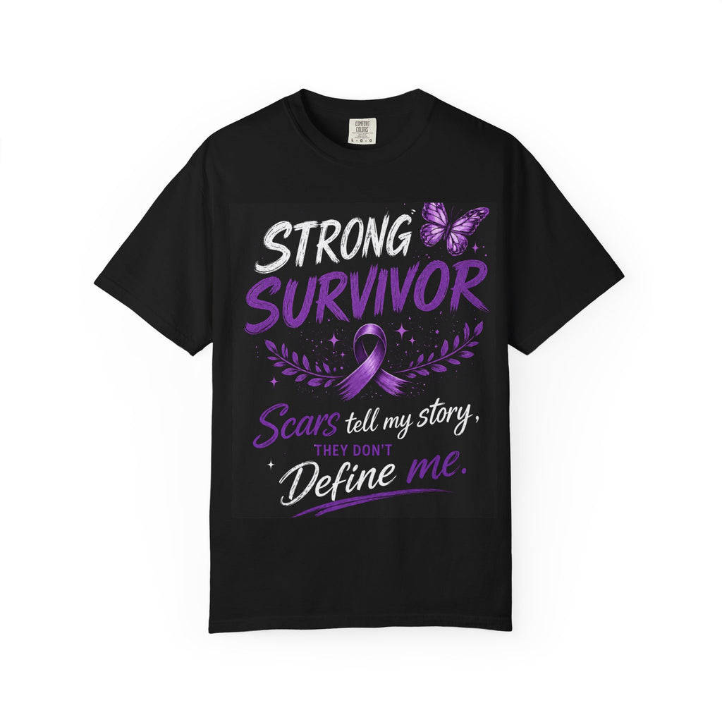 Strong Survivor T-Shirt — "Scars Tell My Story, They Don't Define Me" Purple Ribbon Awareness