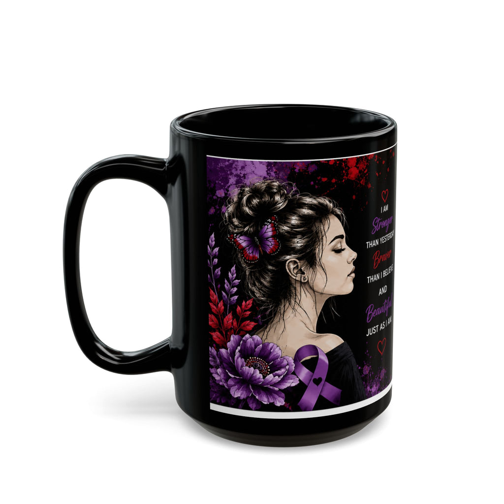 Bruises to Blessings Inspirational Black Coffee Mug — ‘She Fell, She Got Up’ Empowerment Design (11oz/15oz)