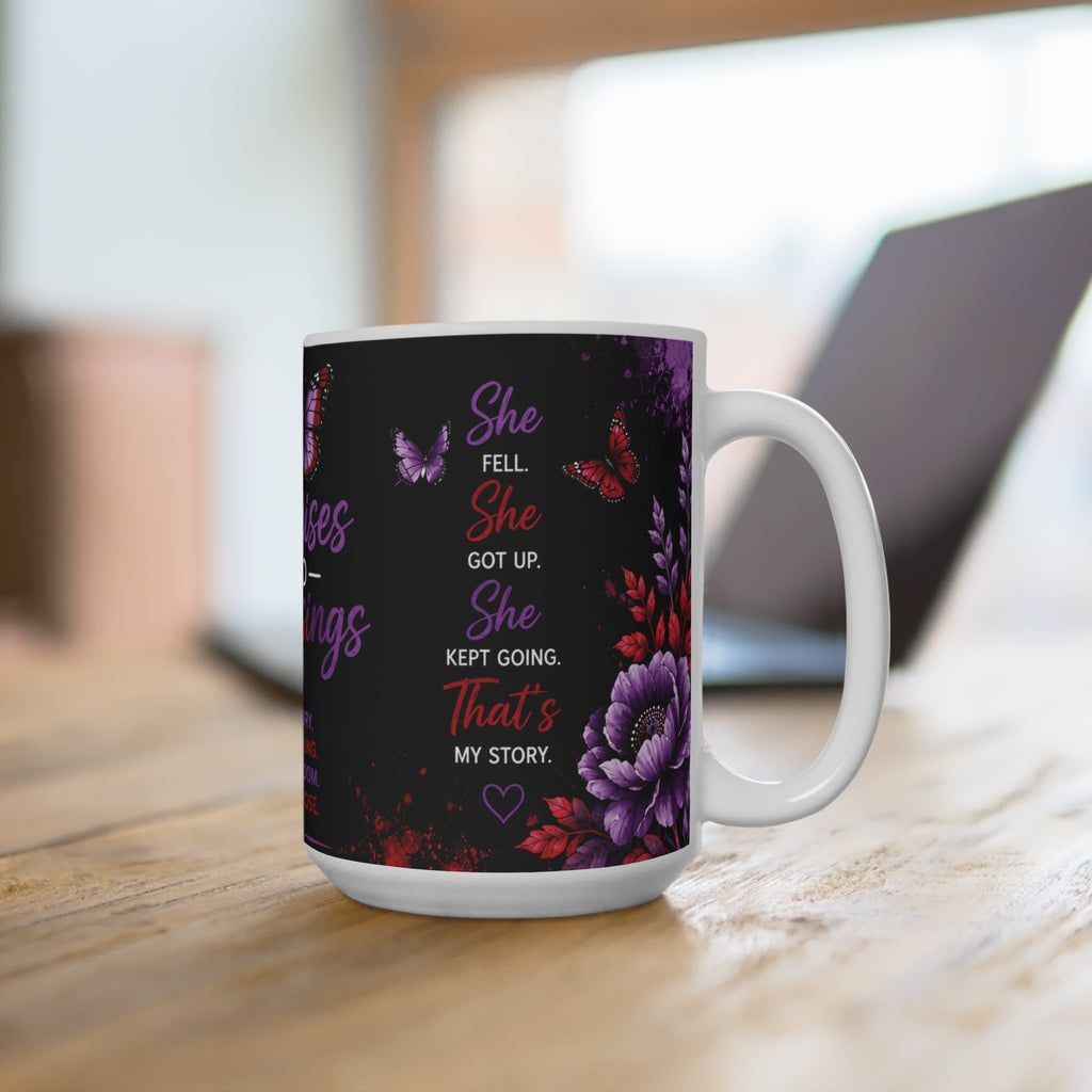 Bruises to Blessings 15oz Inspirational Coffee Mug — "She Fell, She Got Up" Motivational Butterfly Design