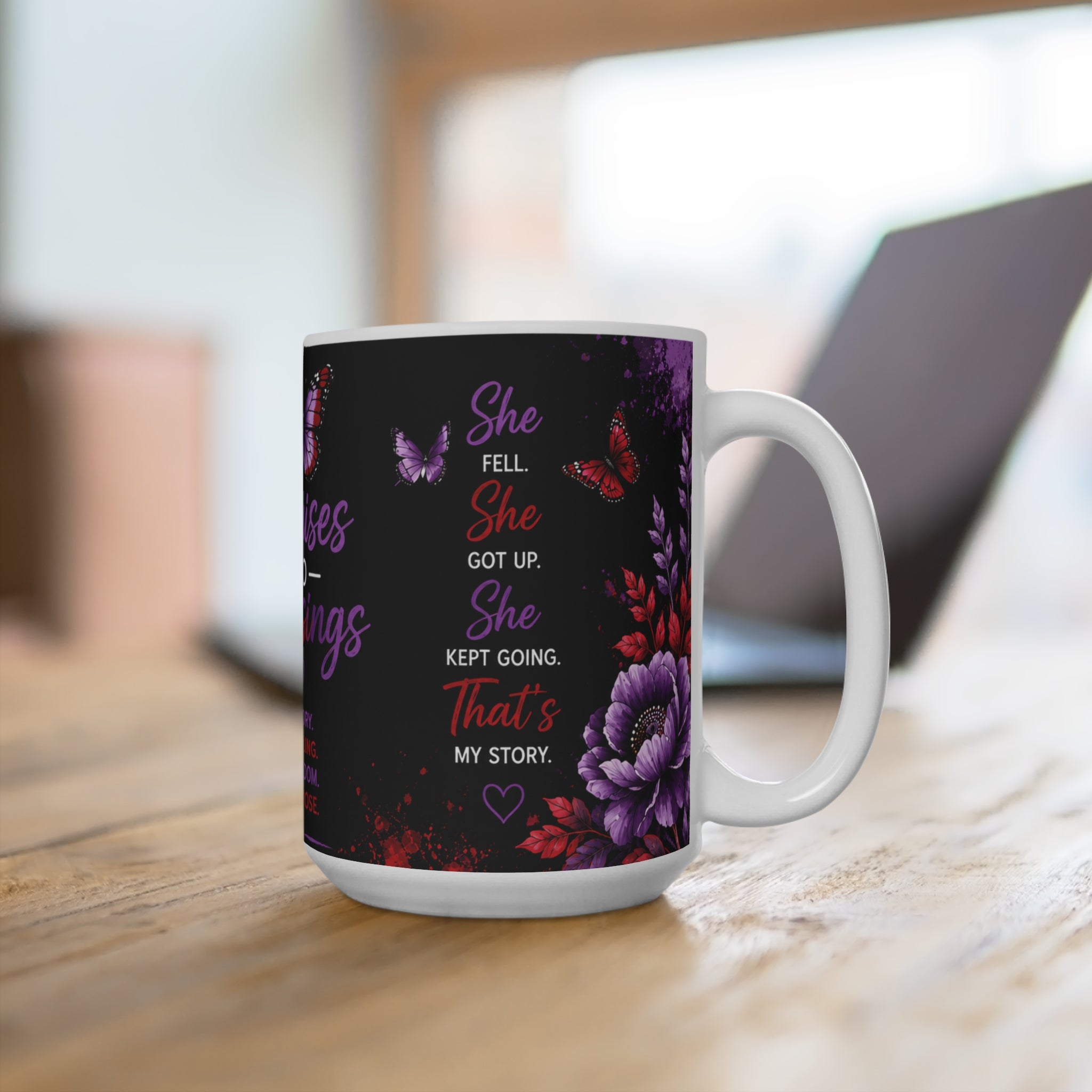 Bruises to Blessings 15oz Inspirational Coffee Mug — "She Fell, She Got Up" Motivational Butterfly Design