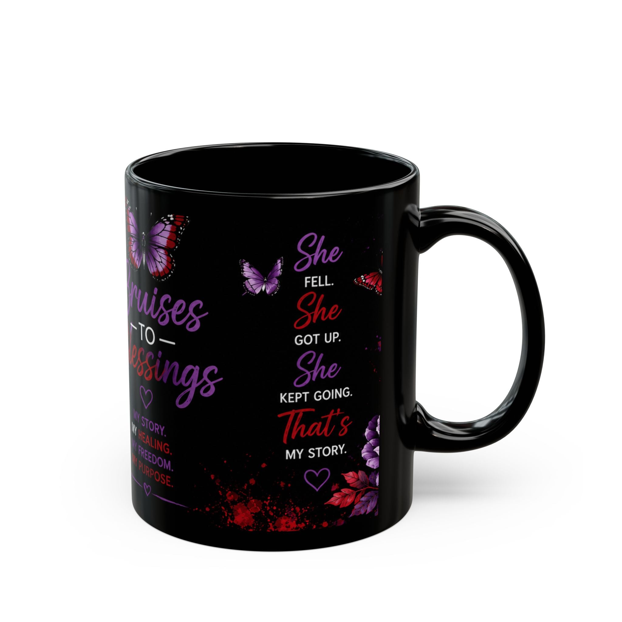 Bruises to Blessings Inspirational Black Coffee Mug — ‘She Fell, She Got Up’ Empowerment Design (11oz/15oz)