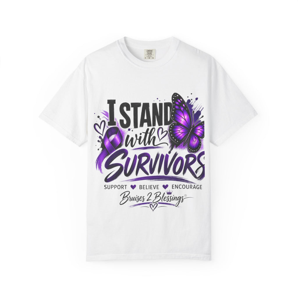 Survivor Support T-Shirt — "I Stand With Survivors" Purple Ribbon Butterfly Tee
