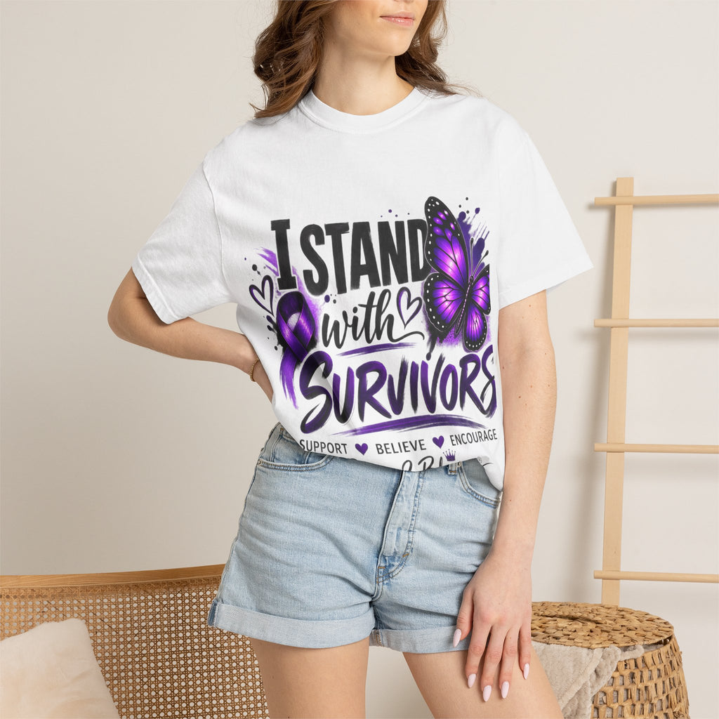 Survivor Support T-Shirt — "I Stand With Survivors" Purple Ribbon Butterfly Tee