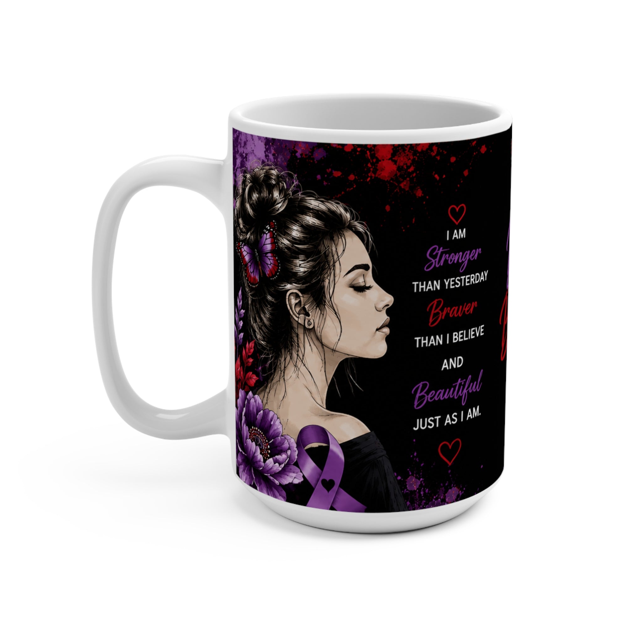 Bruises to Blessings 15oz Inspirational Coffee Mug — "She Fell, She Got Up" Motivational Butterfly Design