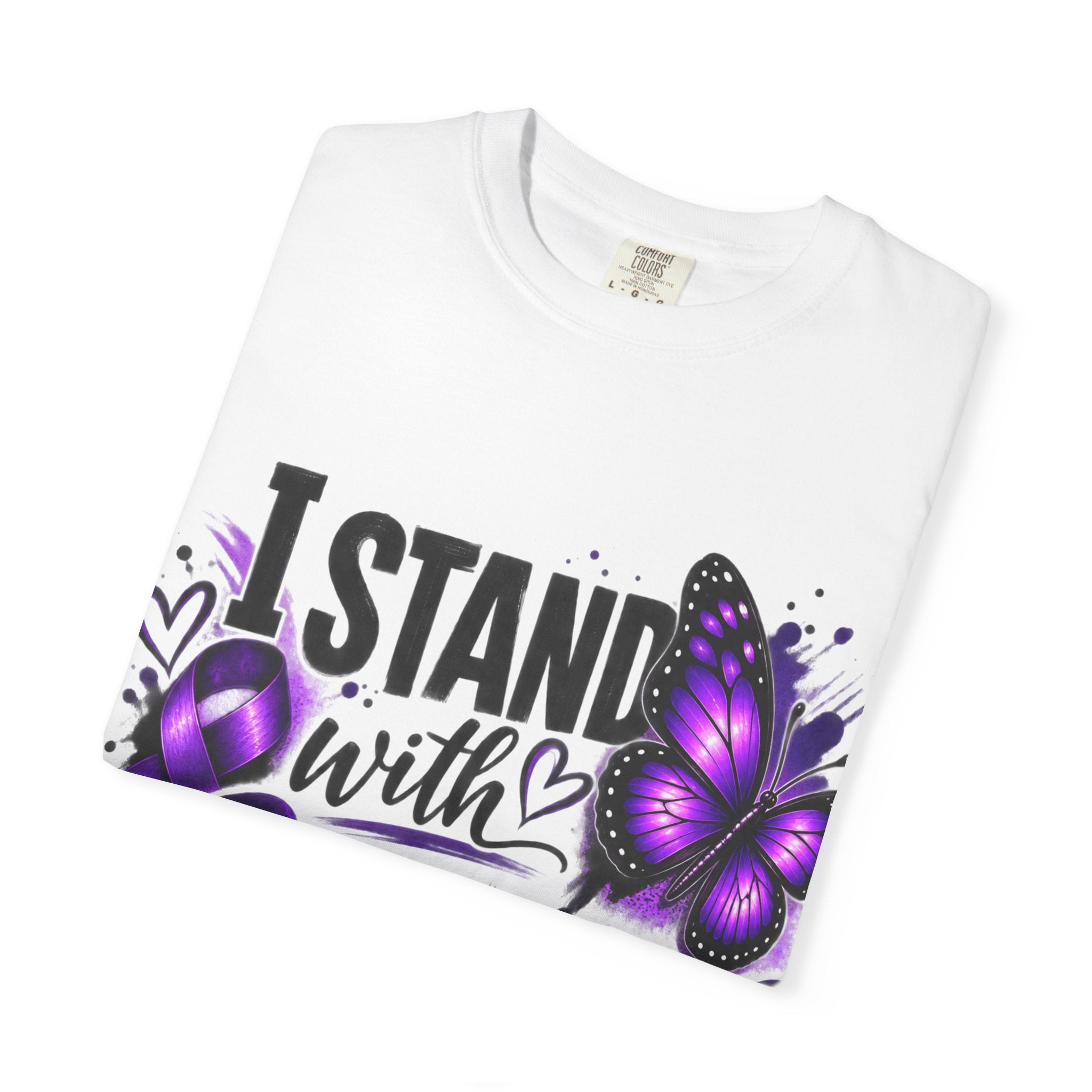 Survivor Support T-Shirt — "I Stand With Survivors" Purple Ribbon Butterfly Tee