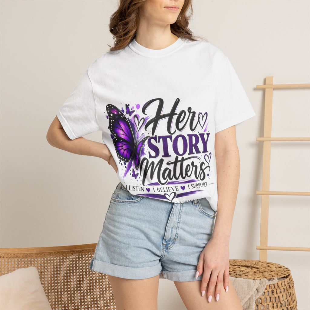 Her Story Matters T-Shirt — "Be the Reason Someone Feels Safe to Speak" Purple Butterfly Awareness Tee