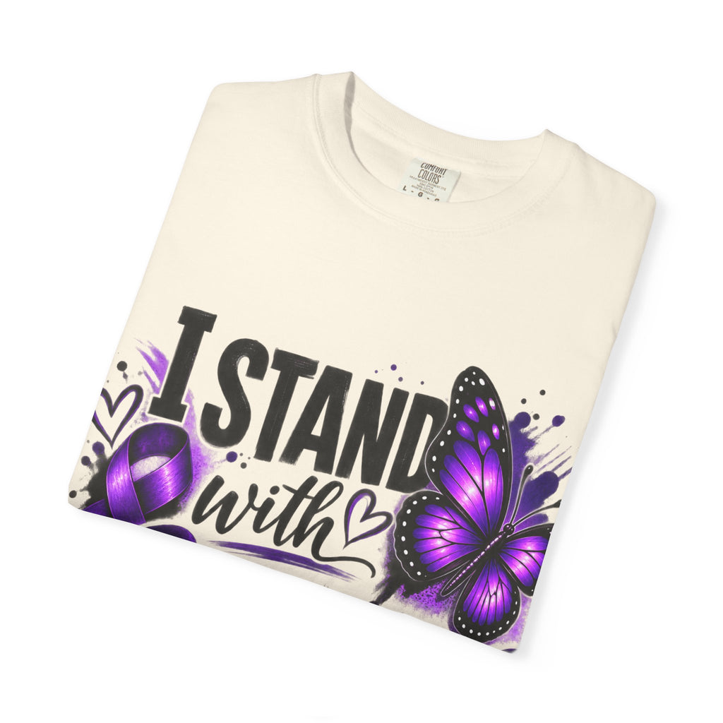 Survivor Support T-Shirt — "I Stand With Survivors" Purple Ribbon Butterfly Tee