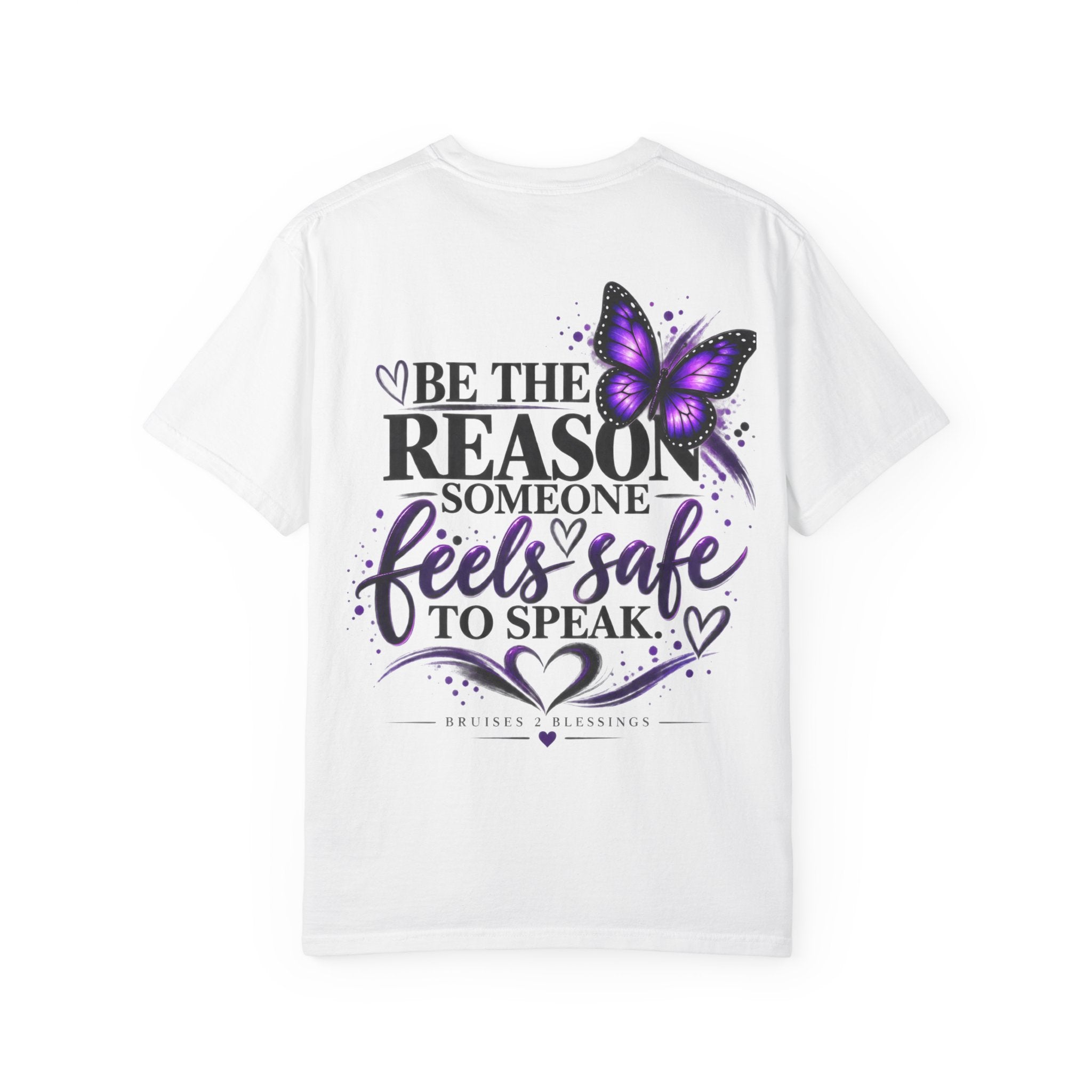 Her Story Matters T-Shirt — "Be the Reason Someone Feels Safe to Speak" Purple Butterfly Awareness Tee