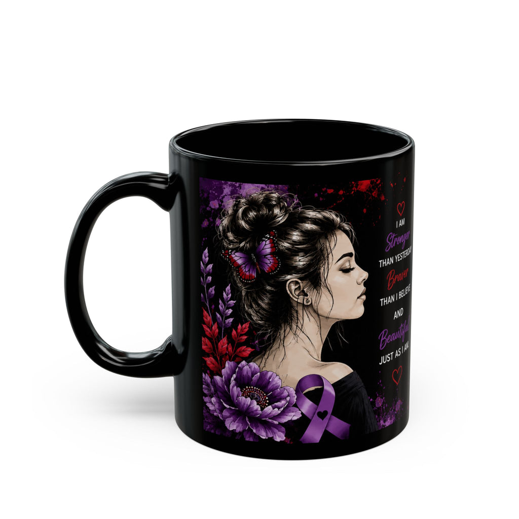 Bruises to Blessings Inspirational Black Coffee Mug — ‘She Fell, She Got Up’ Empowerment Design (11oz/15oz)
