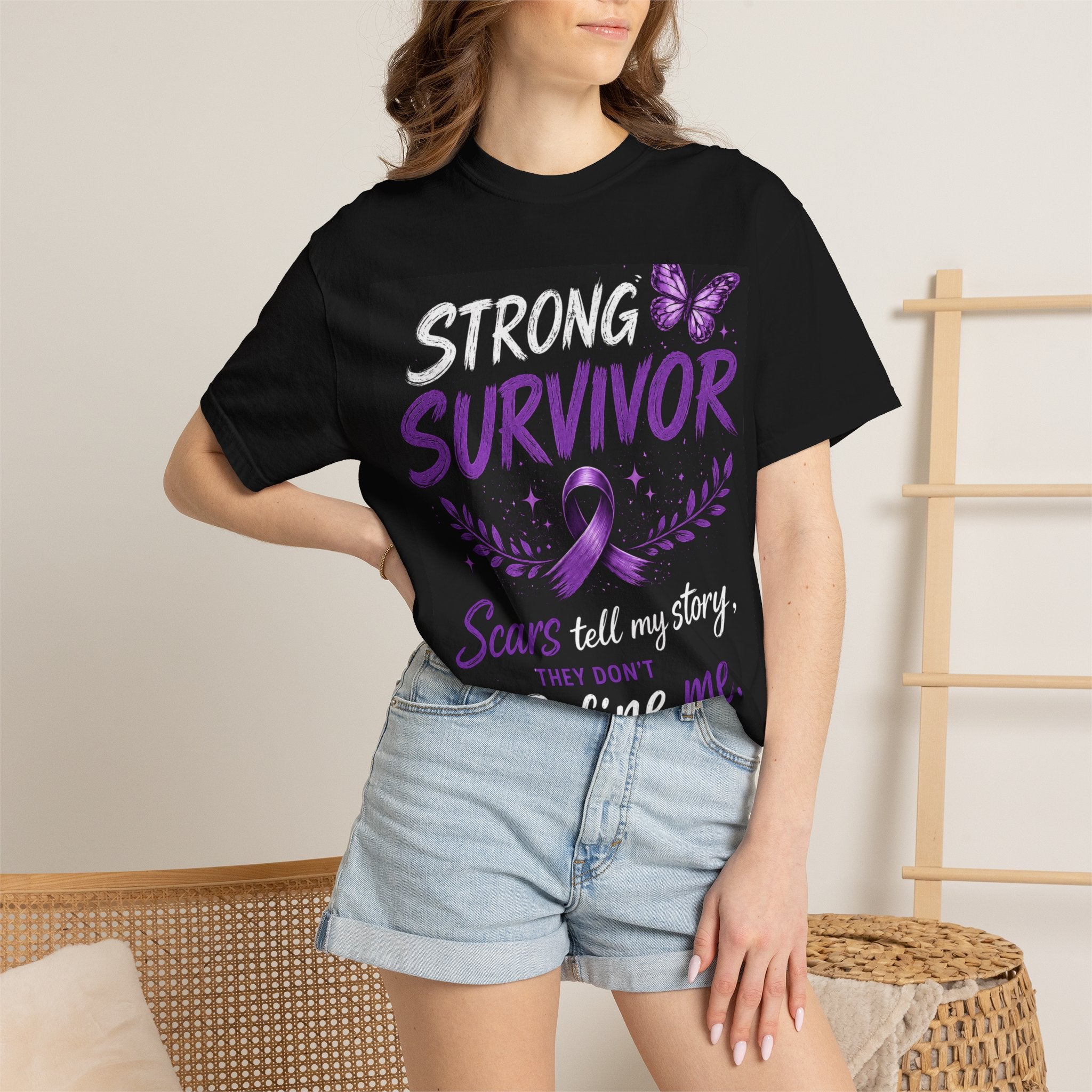 Strong Survivor T-Shirt — "Scars Tell My Story, They Don't Define Me" Purple Ribbon Awareness
