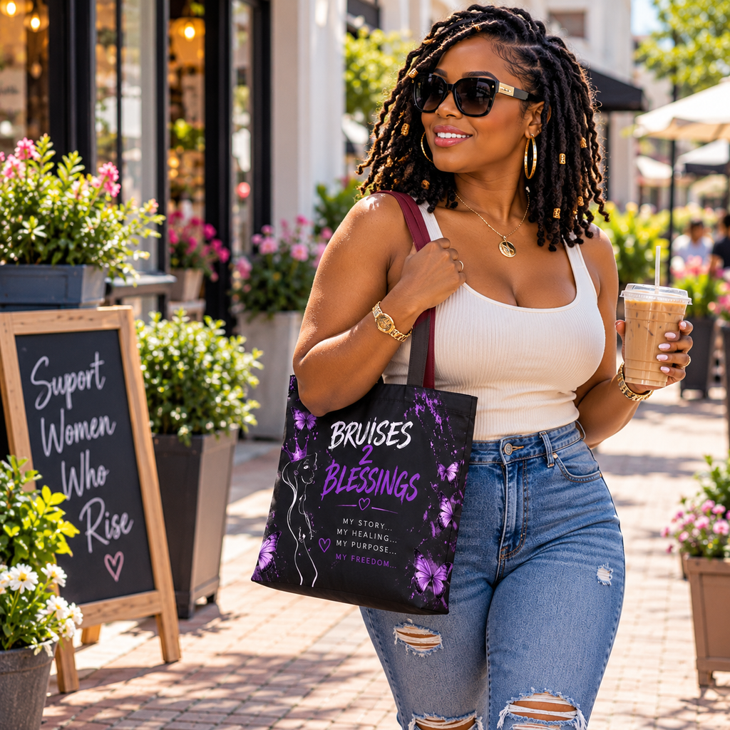Bruises 2 Blessings All-Over Print Tote Bag — Purple Butterfly Empowerment Shopper