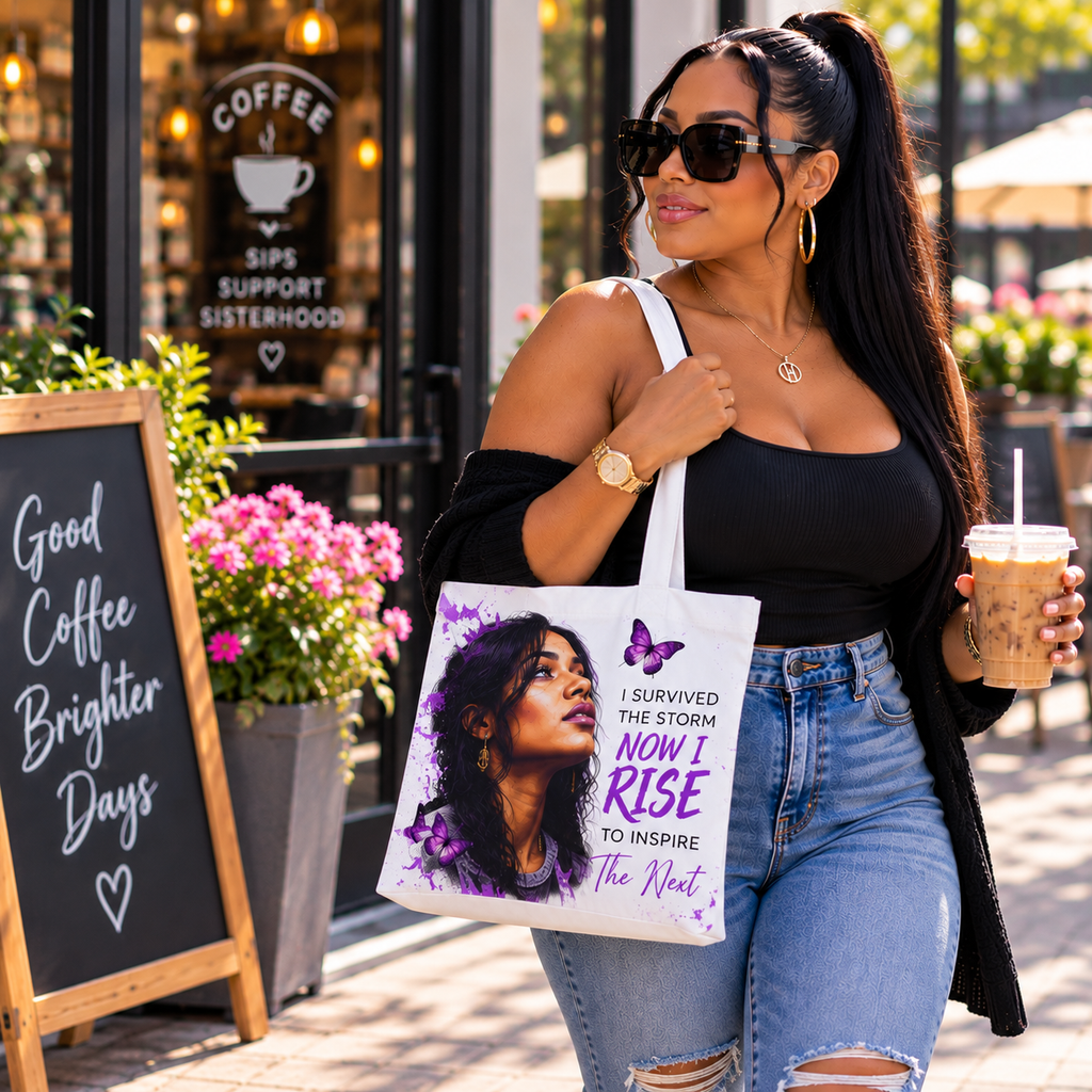 Bruises 2 Blessings All-Over Print Tote Bag — Purple Butterfly Empowerment Shopper